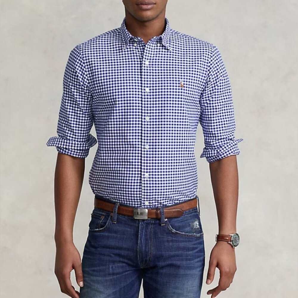 Ralph Lauren Navy and White contemporary gingham button down Checkered Shirt XL